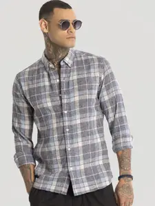 Snitch Men Smart Button-Down Collar Tartan Checked Linen Slim Fit Casual Shirt