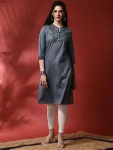Anouk Floral Yoke Design Mandarin Collar Pure Cotton Straight Kurta