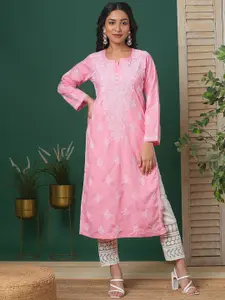 ADA  Ethnic Motifs Embroidered Chikankari Detail Long Sleeves Side Slit Regular Kurta