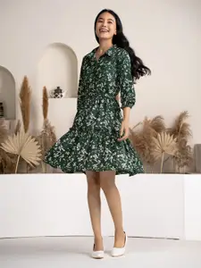 DressBerry Floral Printed Puff Sleeve Belted Fit & Flare Dress