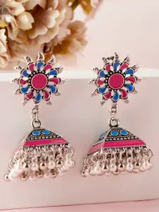 Rubans Oxidized Silver-Plated Pink & Blue Enamel Sunflower Jhumkas with Ghungroo Beads