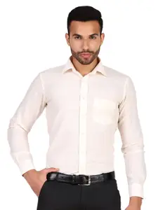 DESIGN UP Men Cream Solid Slim Fit Cotton Linen Formal Shirt