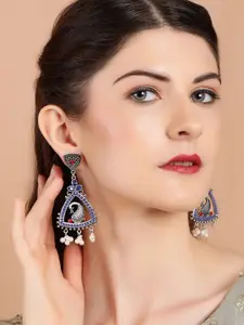 Rubans Oxidized Silver-Plated Peacock Earrings with Blue & Red Stones and Pearl Beads