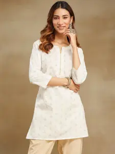 Fabindia Geometric Printed Notch Neck Thread Work Cotton Straight Kurta