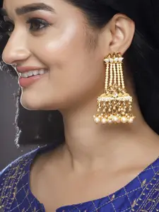 Rubans 22K Gold-Plated Pearl and Kundan-Studded Long Chandelier Earring with Floral Design