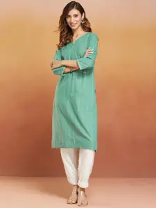 Fabindia Striped V-Neck Thread Work Pure Cotton Straight Kurta