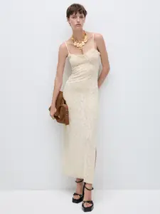 MANGO Open-Knit Slit Detail Sheath Midi Dress