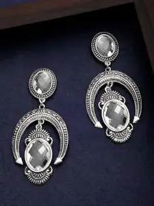Rubans Oxidized Silver-Plated Oval AD Stone Studded Drop Earrings