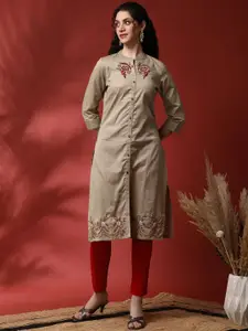 Anouk Floral Embroidered Mandarin Collar Pure Cotton Straight Kurta