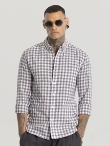 Snitch Men Smart Button-Down Collar Gingham Checked Linen Slim Fit Casual Shirt
