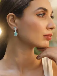 Rubans Silver-Plated Oval Aquamarine & Cubic Zirconia Studded Drop Earrings