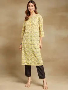 Fabindia Ethnic Motifs Printed Round Neck Thread Work Cotton Straight Kurta