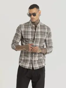 Snitch Men Smart Button-Down Collar Tartan Checked Linen Slim Fit Casual Shirt