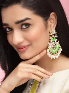 Rubans 22K Gold Plated Green and Pink Enamel, Kundan-Studded, Pearl Beaded Chandbalis