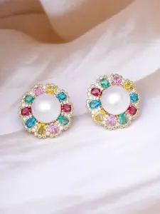 Rubans 22 K Gold-Plated Multicolor Ad & Cubic Zirconia Studded Premium Pearl Stud Earrings