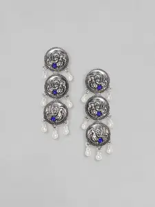 Rubans Oxidized Silver-Plated Circular Motif Earrings with Blue Stones and Pearl Beads