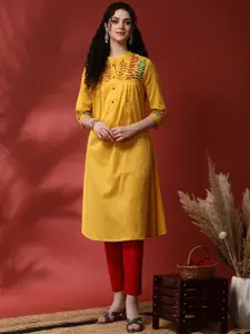 Anouk Floral Embroidered Mandarin Collar Pure Cotton A-Line Kurta