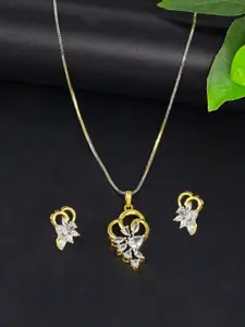 PRIVIU Gold Plated American Diamond Studded Pendant & Earrings