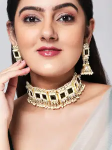 Rubans 22K Gold-Plated Black Stone Kundan Choker Set with Pearls and Jhumka Earrings