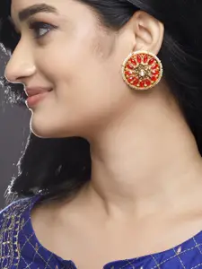 Rubans 22K Gold-Plated Red Stone-Studded Round Earrings with Floral Motif and Pearl Accent