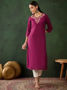 Sangria Floral Embroidered Pure Cotton Straight Kurta