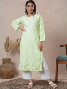 ADA Ethnic Motifs Embroidered Chikankari Cotton Straight Kurta