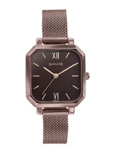 Sonata Women Brass Dial & Stainless Steel Bracelet Style Straps Analogue Watch 87072QM01