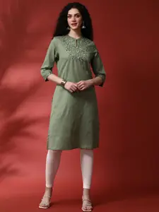 Anouk Floral Yoke Design Mandarin Collar Pure Cotton Straight Kurta