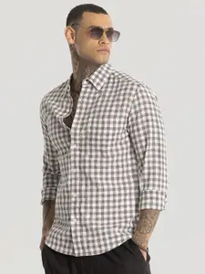 Snitch Men Smart Button-Down Collar Gingham Checked Linen Slim Fit Casual Shirt