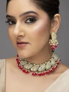 Rubans 22K Gold-Plated Green & White Kundan Necklace Set with Red Bead Detailing