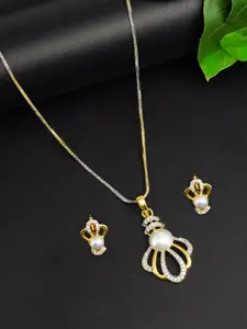 PRIVIU Gold Plated American Diamond Studded Crown Shaped Pendant & Earrings