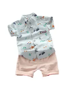 StyleCast x Revolte Boys Green & Beige Printed Shirt with Shorts