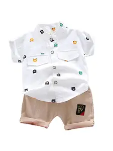 StyleCast x Revolte Boys Printed Mandarin Collar Pure Cotton Shirt With Shorts