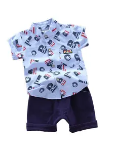 StyleCast x Revolte Boys Printed Mandarin Collar Pure Cotton Shirt With Shorts