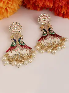 MODE MANIA Gold-Plated Kundan Studded & Beaded Peacock Shaped Jhumkas