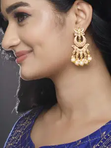 Rubans 22K Gold-Plated Pink Enamel and Pearl Beaded with AD Studded Chandelier Earrings