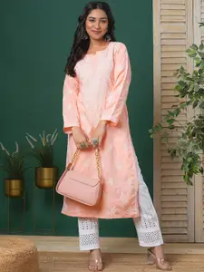 ADA Ethnic Motifs Embroidered Chikankari Cotton Straight Kurta