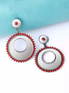 Rubans Silver-Plated Mirror Work Circle Earrings with Red Stone Accents