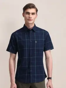 U.S. Polo Assn. Men Classic Spread Collar Windowpane Checked Cotton Formal Shirt