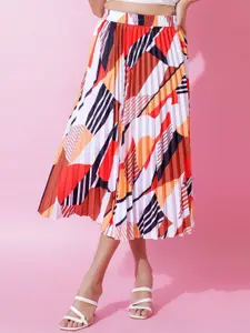 ZWERLON Printed Pleated A -Line Midi Skirt,