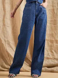 SASSAFRAS Women Straight Fit High-Rise Low Distress Light Fade Embellished Jeans