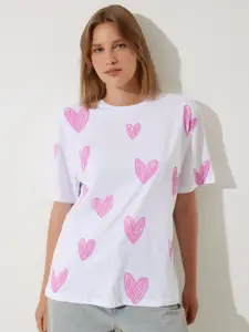 Happiness istanbul Women Conversational Printed Round Neck Cotton Oversized T-Shirt