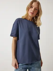 Happiness istanbul Women Solid Round Neck Cotton Oversized T-Shirt