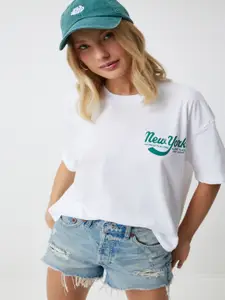 Happiness istanbul Women Solid Round Neck Cotton Oversized T-Shirt