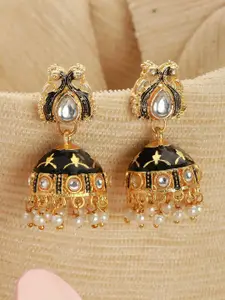 Jazz and Sizzle Gold Plated Dome Shape Artificial Stones & Beads Studded Meenakari Jhumkas