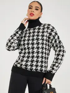 Styli Women Houndstooth Pattern Turtle Neck Regular Fit Pullover Sweater