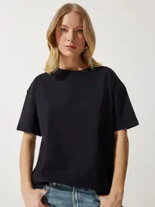 Happiness istanbul Women Solid Round Neck Cotton Oversized T-Shirt