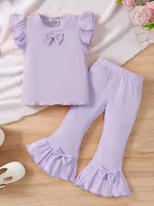 INCLUD Girls Solid Round Neck Short Sleeves Casual Top With Trouser