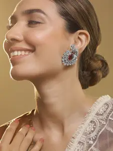 Rubans Oxidized Silver Plated Peacock Motif Stud Earrings with Ruby Studded