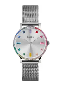 Timex Women Brass Embellished Dial & Stainless Steel Bracelet Style Straps Analogue Watch TW2W19100UJ